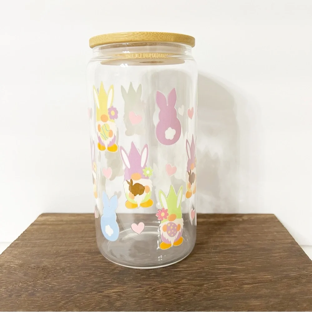 Bunny and Gnome Print Libbey Glass Can with Bamboo Lid and Straw